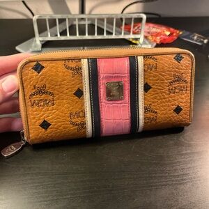 Authentic MCM Cognac Multicolor Visetos Leather Zip Around Wallet!